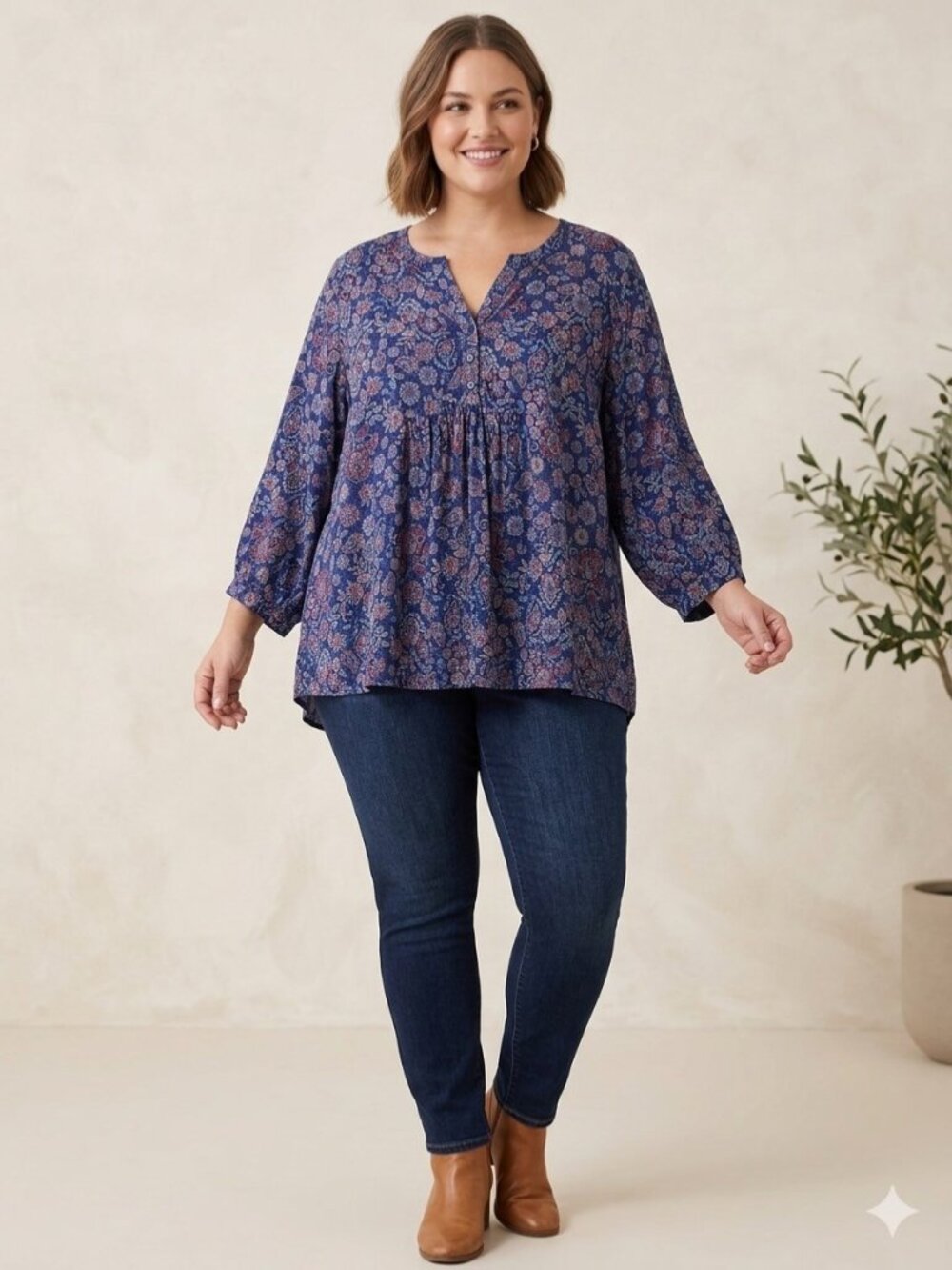 J.Jill Printed Ling Sleeve Peasant Blouse Blue Size 3X Cottagecore Bohemian Cute